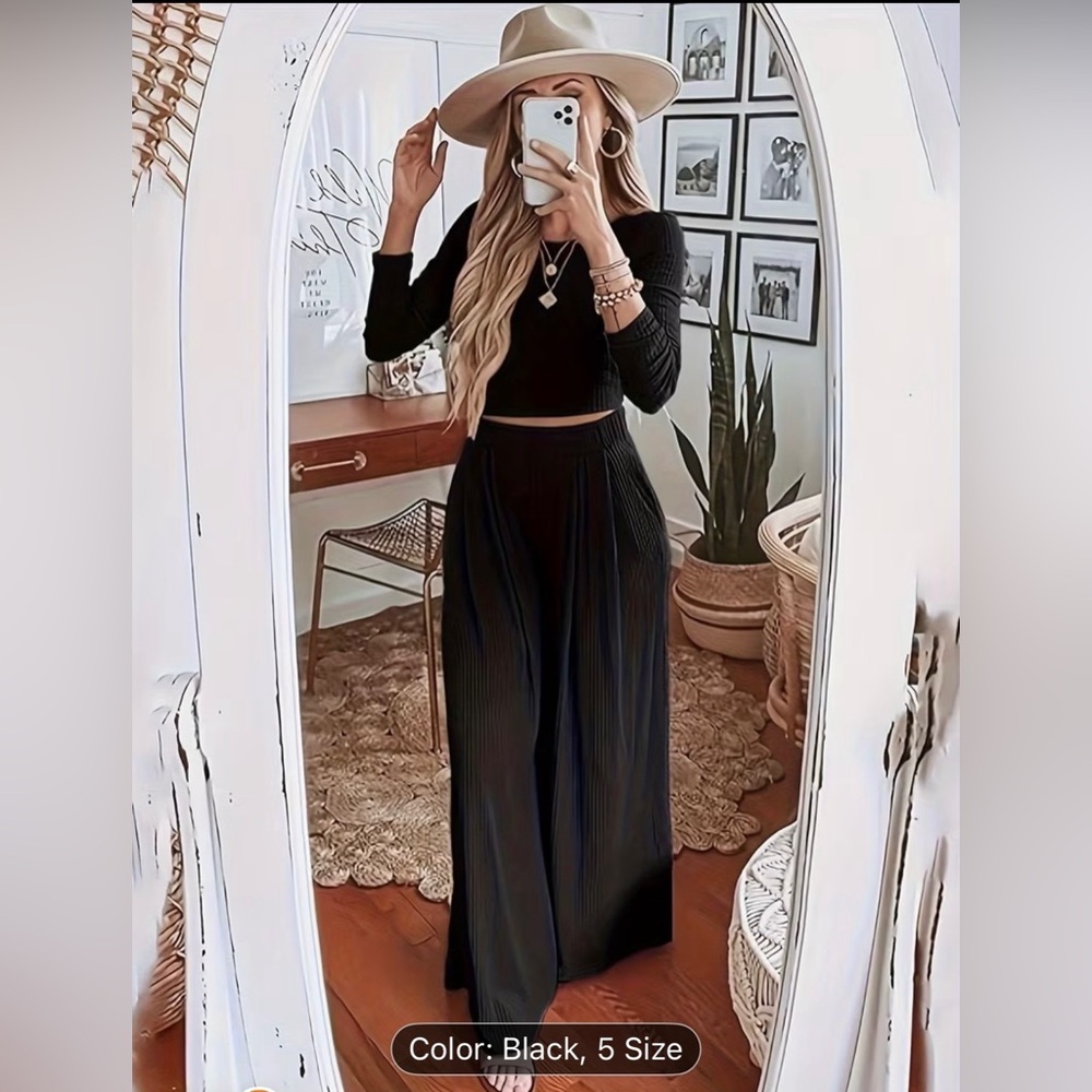 Black Long Sleeve Crop Top and wide leg Pants Set